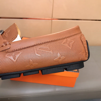LV LOAFERS IN RUSSET BROWN CALFSKIN WITH BRANDED EMBOSSING