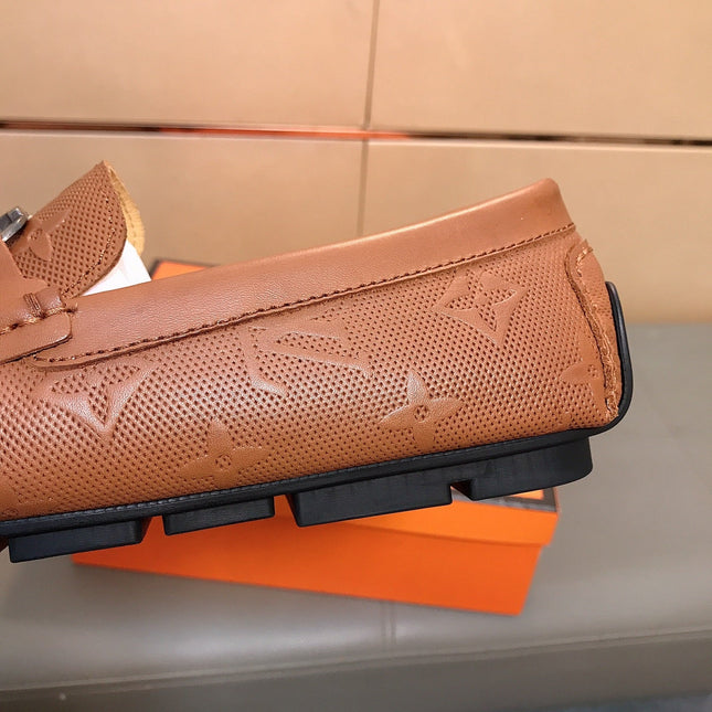 LV LOAFERS IN RUSSET BROWN CALFSKIN WITH BRANDED EMBOSSING