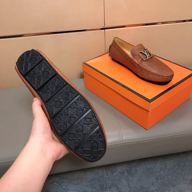 LV LOAFERS IN RUSSET BROWN CALFSKIN WITH BRANDED EMBOSSING