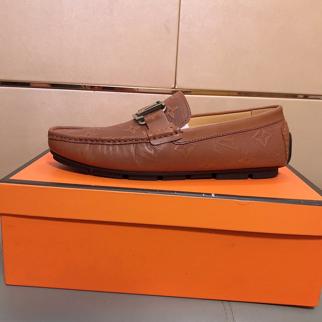LV LOAFERS IN RUSSET BROWN CALFSKIN WITH BRANDED EMBOSSING
