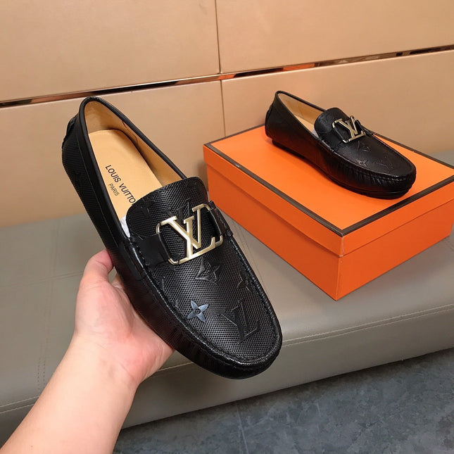 LV LOAFERS IN BLACK CALFSKIN WITH BRANDED EMBOSSING