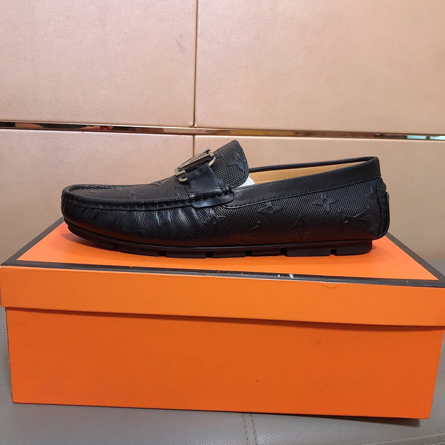 LV LOAFERS IN BLACK CALFSKIN WITH BRANDED EMBOSSING