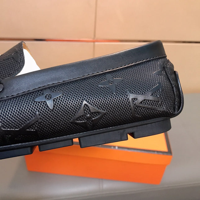 LV LOAFERS IN BLACK CALFSKIN WITH BRANDED EMBOSSING