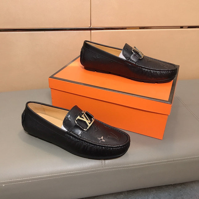 LV LOAFERS IN BLACK CALFSKIN WITH BRANDED EMBOSSING