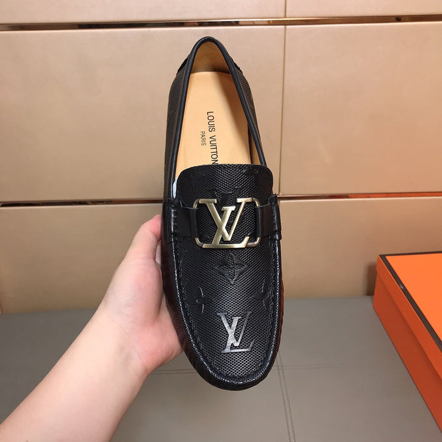 LV LOAFERS IN BLACK CALFSKIN WITH BRANDED EMBOSSING