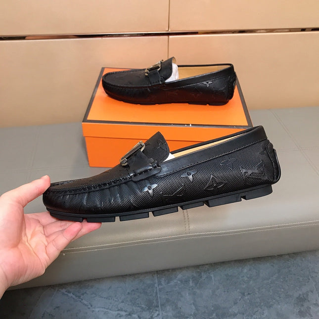 LV LOAFERS IN BLACK CALFSKIN WITH BRANDED EMBOSSING