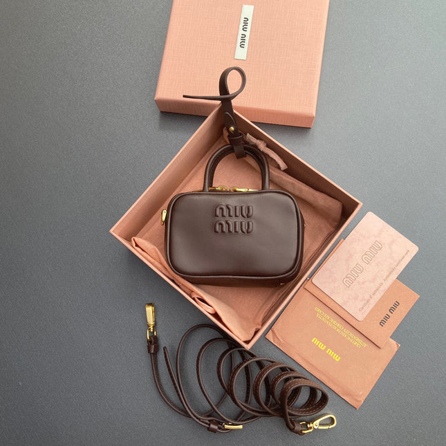 MICRO BAG KEYCHAIN 11 IN ROCK BROWN CALFSKIN EMBOSSED LOGO