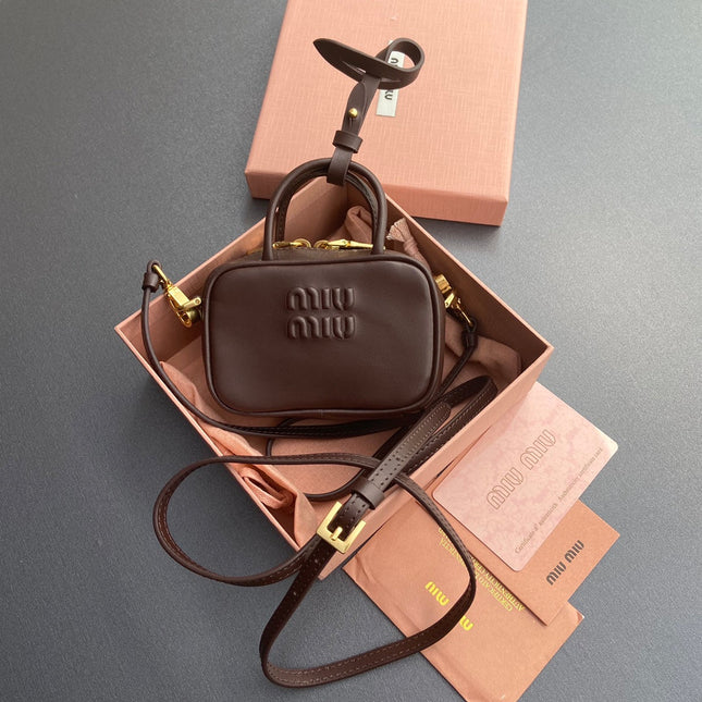 MICRO BAG KEYCHAIN 11 IN ROCK BROWN CALFSKIN EMBOSSED LOGO