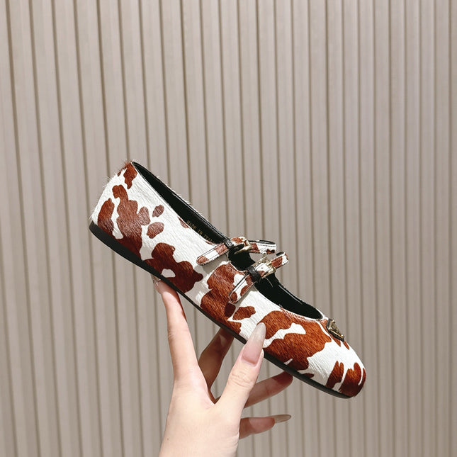 PRADA 25S CRYSTAL EMBELLISHED BALLERINA IN WHITE AND DARK BROWN FUR