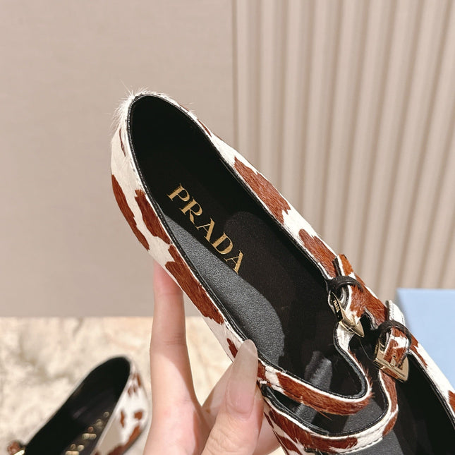 PRADA 25S CRYSTAL EMBELLISHED BALLERINA IN WHITE AND DARK BROWN FUR
