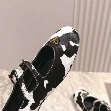 PRADA 25S CRYSTAL EMBELLISHED BALLERINA IN WHITE AND BLACK FUR