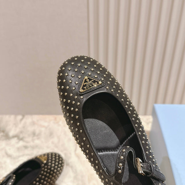 PRADA 25S STUD EMBELLISHED BALLERINA IN BLACK CALFSKIN
