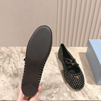 PRADA 25S CRYSTAL EMBELLISHED BALLERINA IN BLACK SUEDE