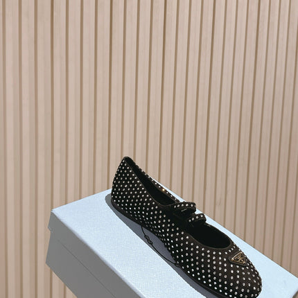 PRADA 25S CRYSTAL EMBELLISHED BALLERINA IN BLACK SUEDE