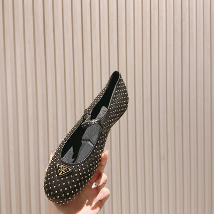 PRADA 25S STUD EMBELLISHED BALLERINA IN BLACK CALFSKIN