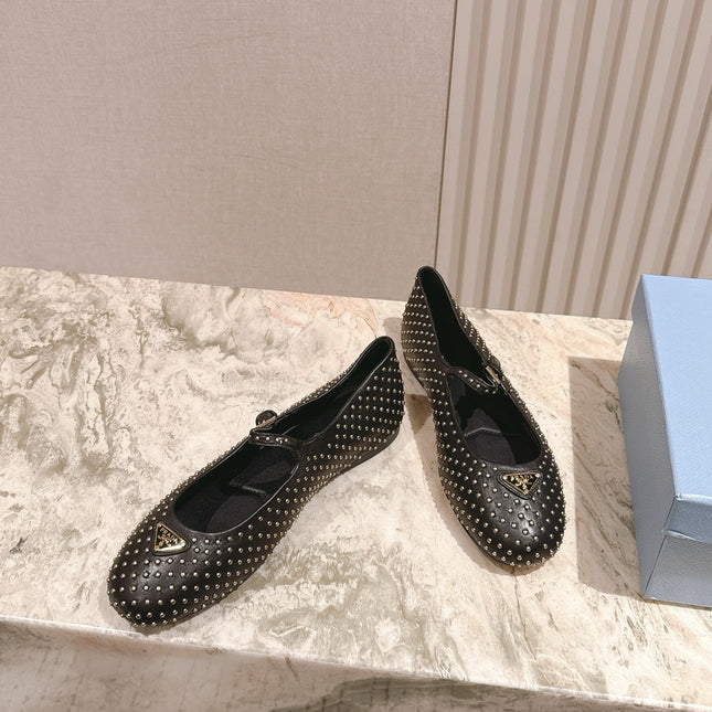 PRADA 25S STUD EMBELLISHED BALLERINA IN BLACK CALFSKIN