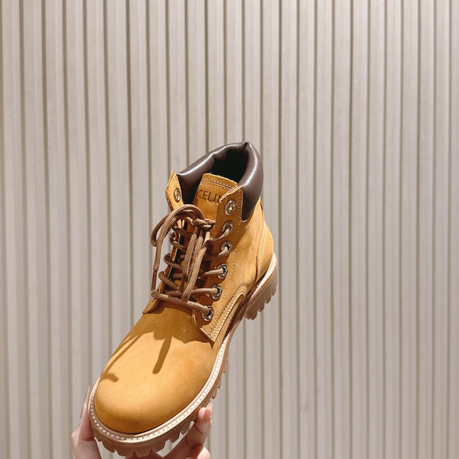 CELINE 25S MARTIN BOOTS IN MEDIUM ORANGE CALFSKIN