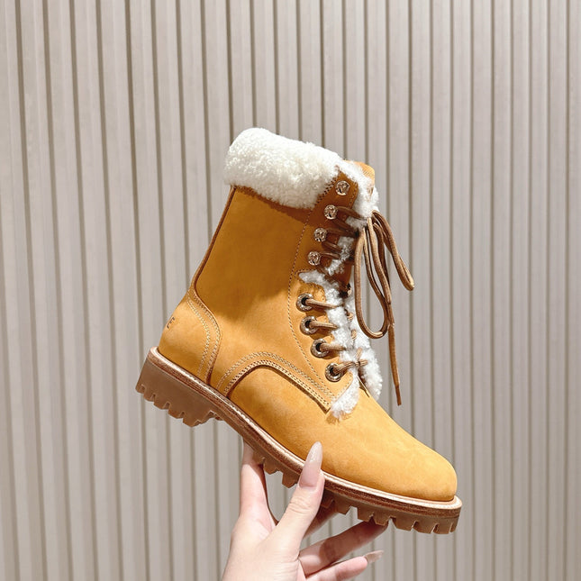 CELINE 25S KURT LACE UP MID BOOT IN MEDIUM ORANGE SUEDE AND SHEARLING
