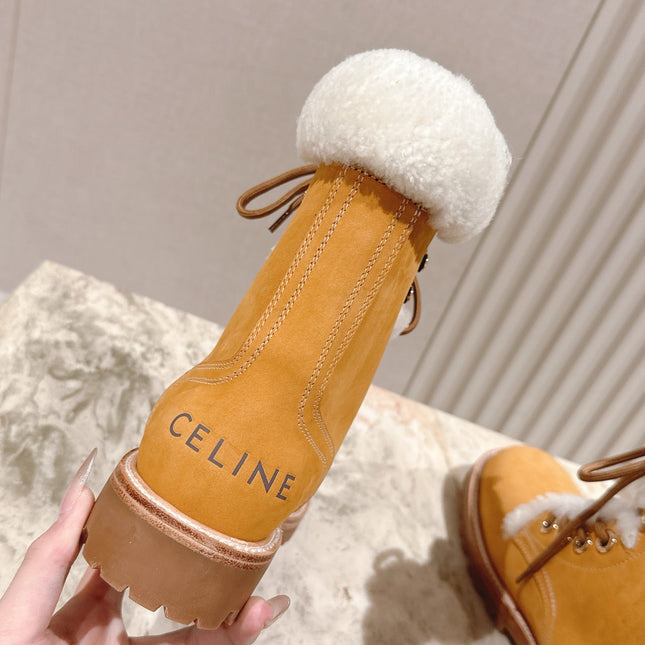 CELINE 25S KURT LACE UP MID BOOT IN MEDIUM ORANGE SUEDE AND SHEARLING
