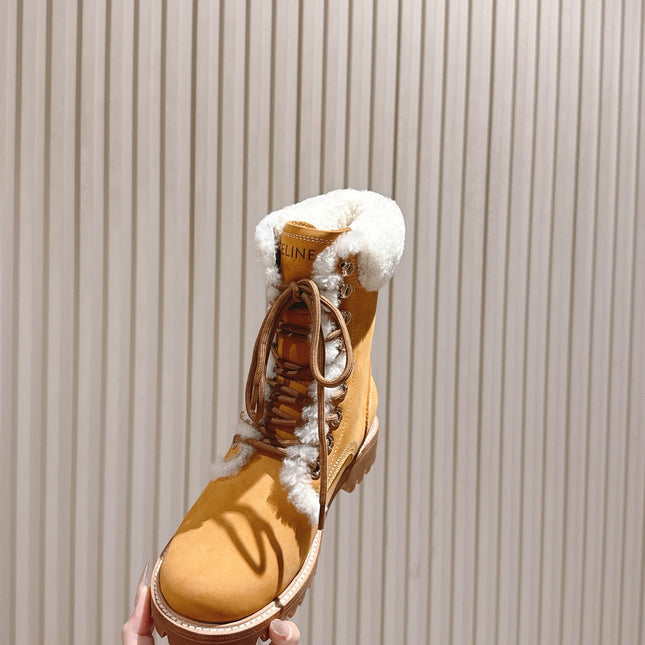 CELINE 25S KURT LACE UP MID BOOT IN MEDIUM ORANGE SUEDE AND SHEARLING