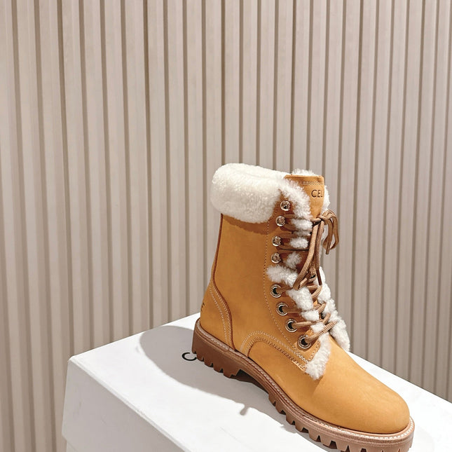 CELINE 25S KURT LACE UP MID BOOT IN MEDIUM ORANGE SUEDE AND SHEARLING