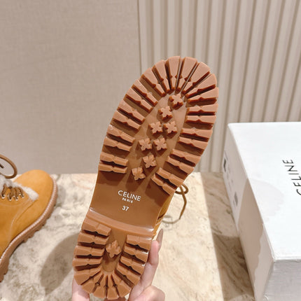 CELINE 25S KURT LACE UP MID BOOT IN MEDIUM ORANGE SUEDE AND SHEARLING