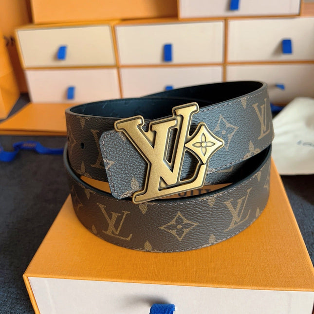 BELT 40MM IN BROWN GRAINED CALFSKIN EMBOSSED LOGO GOLD BUCKLE