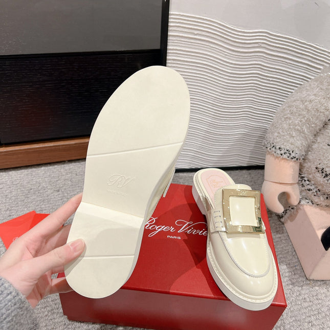 VIV' RANGERS MULES IN CREAM SHINY CALFSKIN GOLD BUCKLE