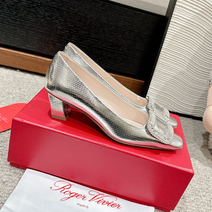 BELLE VIVIER PUMPS IN SILVER METALLIC LIZARD EMBOSSED CALFSKIN