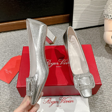 BELLE VIVIER PUMPS IN SILVER METALLIC LIZARD EMBOSSED CALFSKIN