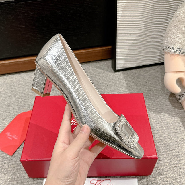 BELLE VIVIER PUMPS IN SILVER METALLIC LIZARD EMBOSSED CALFSKIN