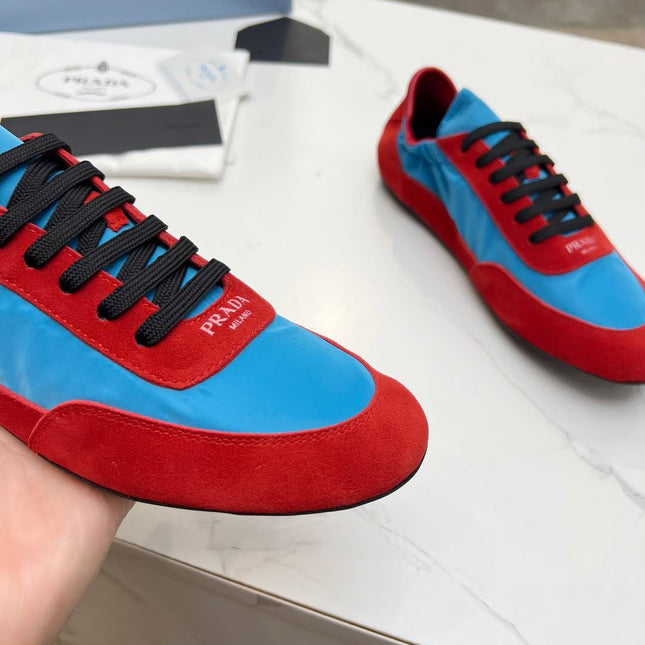 COLLAPSE SNEAKERS IN RED SUEDE AND SKY BLUE NYLON