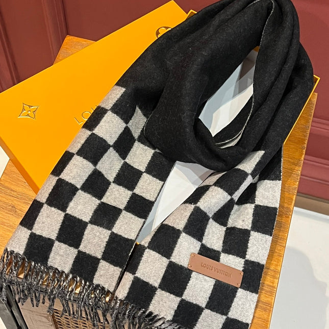 DAMIER SCARF 180 CM IN BLACK MIX WHITE CASHMERE 388315