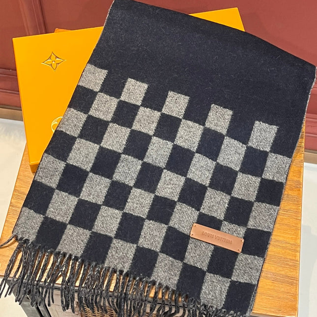DAMIER SCARF 180 CM IN MIDNIGHT BLUE MIX GRAY CASHMERE 388316