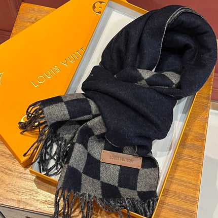 DAMIER SCARF 180 CM IN MIDNIGHT BLUE MIX GRAY CASHMERE 388316