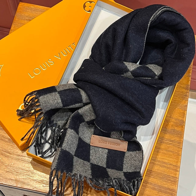 DAMIER SCARF 180 CM IN MIDNIGHT BLUE MIX GRAY CASHMERE 388316