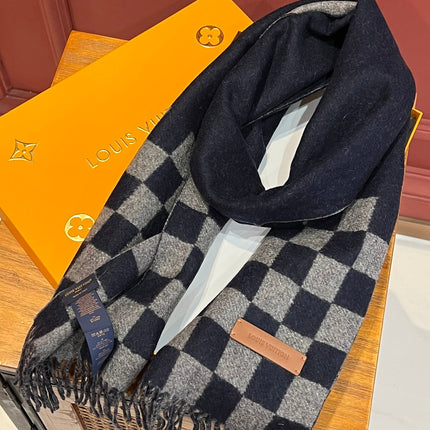 DAMIER SCARF 180 CM IN MIDNIGHT BLUE MIX GRAY CASHMERE 388316