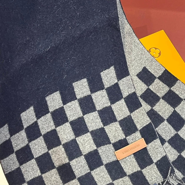DAMIER SCARF 180 CM IN MIDNIGHT BLUE MIX GRAY CASHMERE 388316