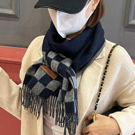 DAMIER SCARF 180 CM IN MIDNIGHT BLUE MIX GRAY CASHMERE 388316