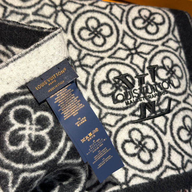 FLOWER MONOGRAM SCARF 180 CM IN BLACK MIX WHITE CASHMERE 388305