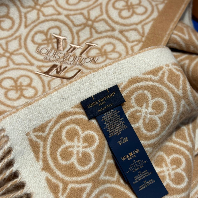 FLOWER MONOGRAM SCARF 180 CM IN TORTILLA BROWN MIX WHITE CASHMERE 388304
