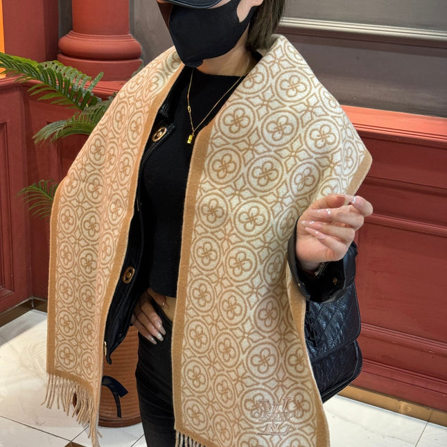 FLOWER MONOGRAM SCARF 180 CM IN TORTILLA BROWN MIX WHITE CASHMERE 388304