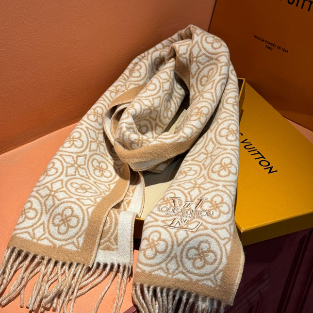 FLOWER MONOGRAM SCARF 180 CM IN TORTILLA BROWN MIX WHITE CASHMERE 388304