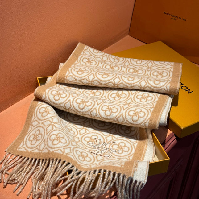 FLOWER MONOGRAM SCARF 180 CM IN TORTILLA BROWN MIX WHITE CASHMERE 388304