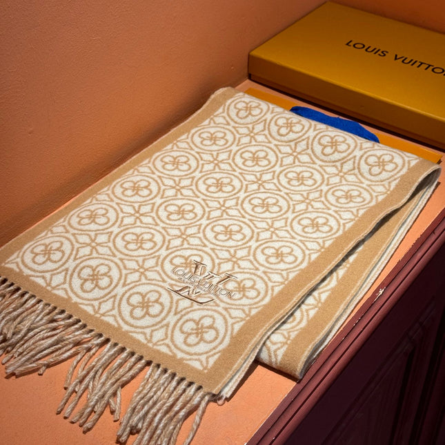 FLOWER MONOGRAM SCARF 180 CM IN TORTILLA BROWN MIX WHITE CASHMERE 388304