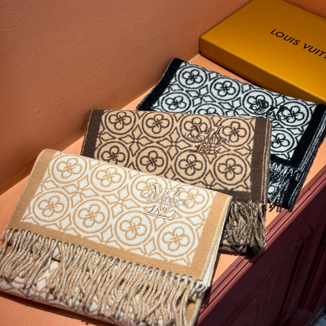 FLOWER MONOGRAM SCARF 180 CM IN MEDIUM BROWN CASHMERE 388306