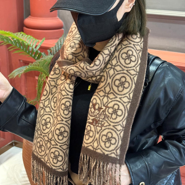 FLOWER MONOGRAM SCARF 180 CM IN MEDIUM BROWN CASHMERE 388306