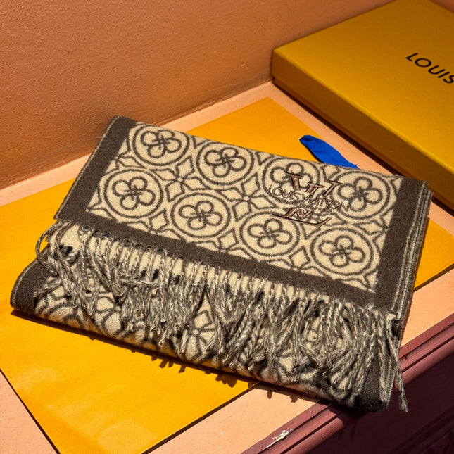 FLOWER MONOGRAM SCARF 180 CM IN MEDIUM BROWN CASHMERE 388306