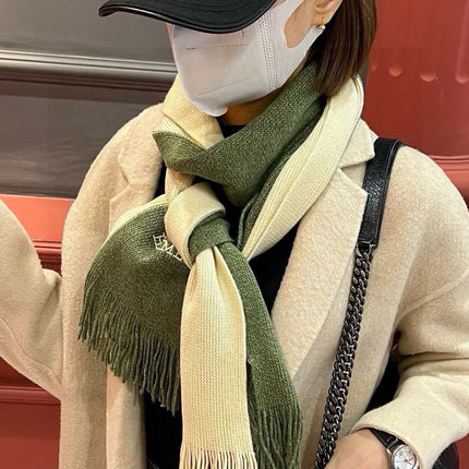 HIGH-END SCARF 180 IN MOSS GREEN MIX BEIGE CASHMERE