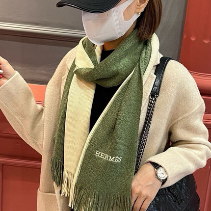 HIGH-END SCARF 180 IN MOSS GREEN MIX BEIGE CASHMERE
